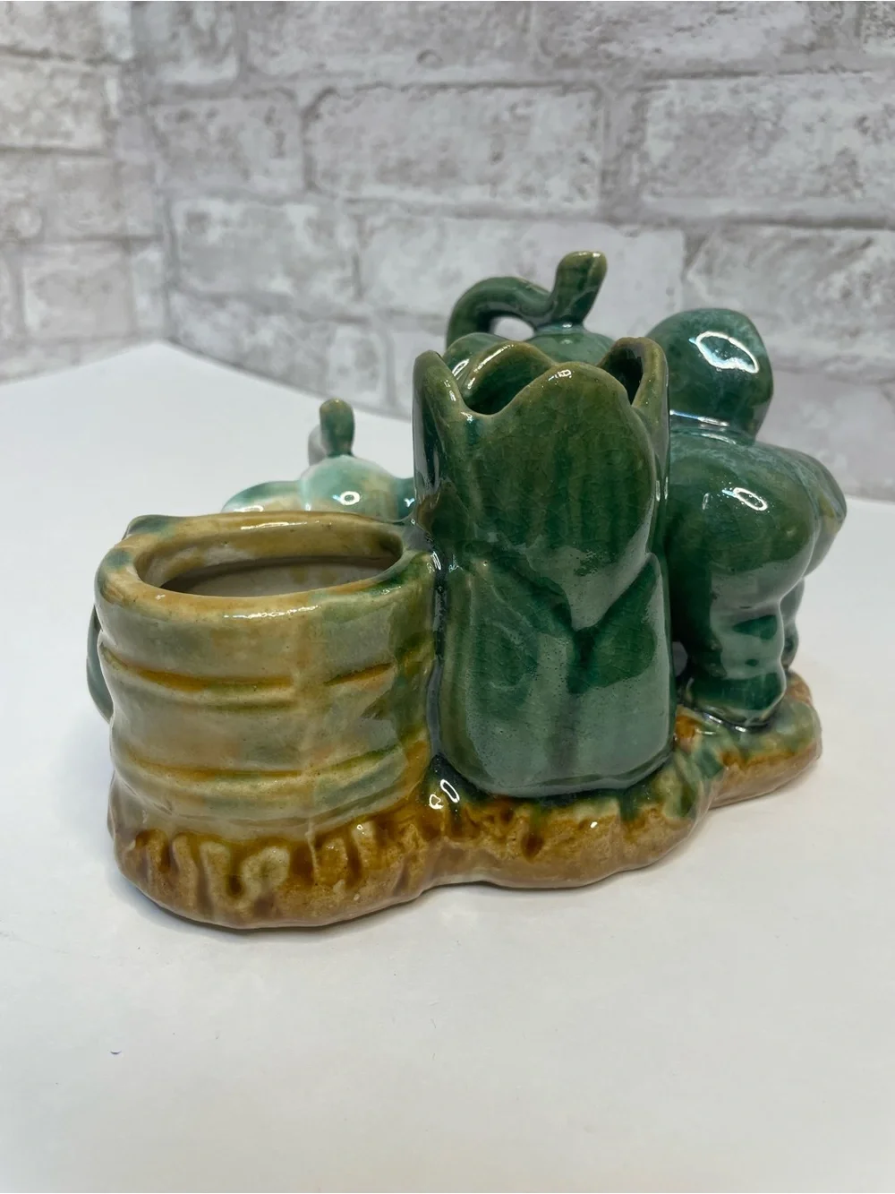 Vintage Majolica Lucky Elephant Double Planter Trunks Up Ceramic Rare HTF 6”